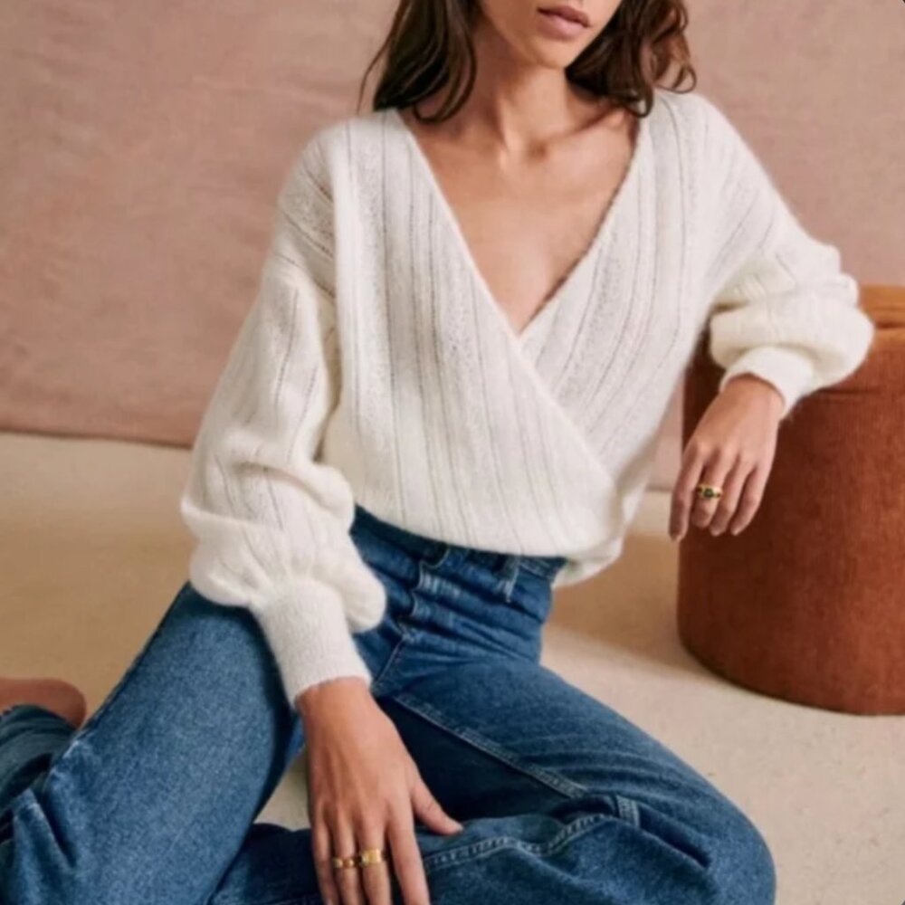 Sezane Cream Christina Sweater Wrap Top Wool Mohair Blend XS